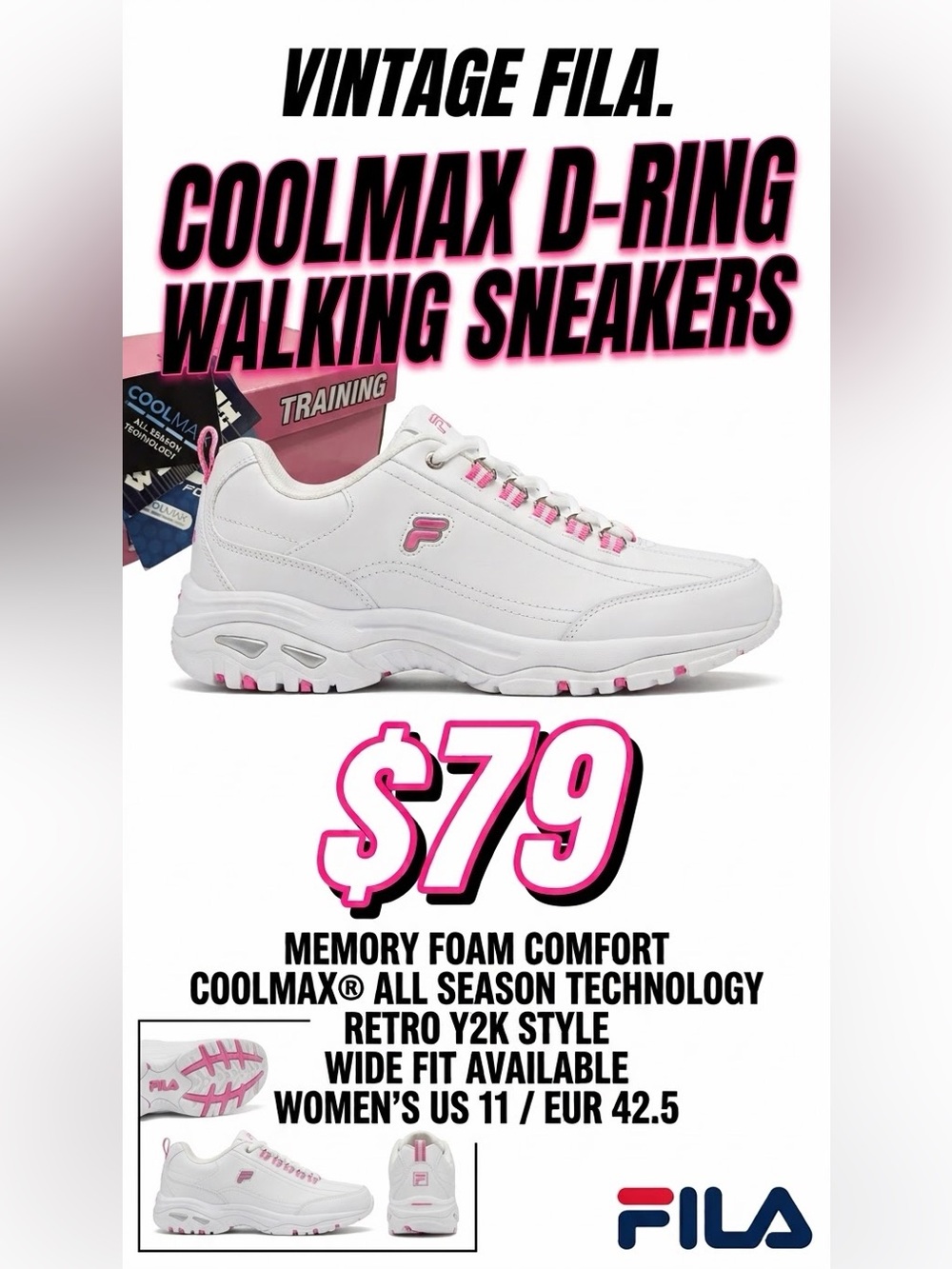 FILA White Sneakers with Pink Accents - Women's Walking Shoes